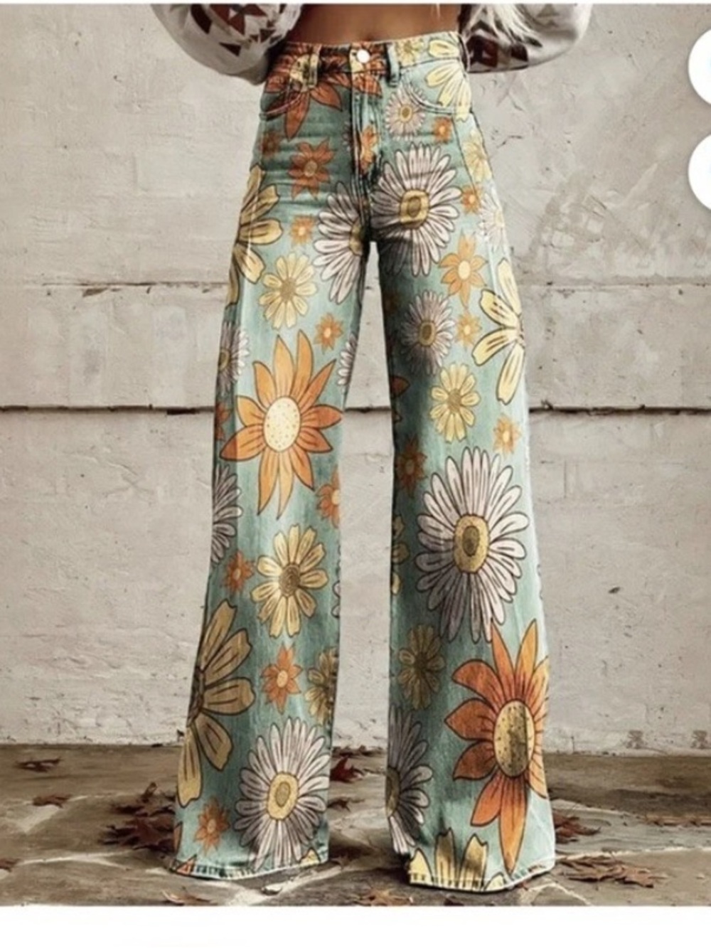 Retro Floral Wide-Leg Jeans in Aqua and Mustard